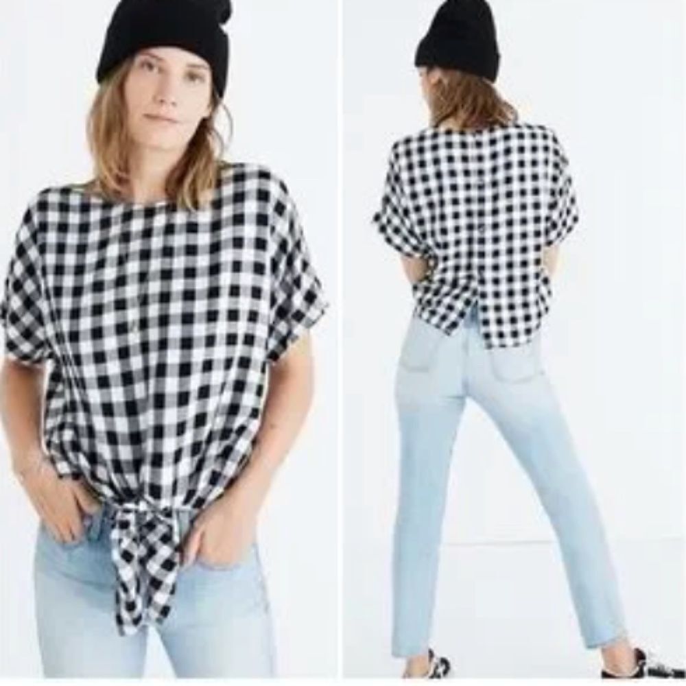 Madewell Button Back Buffalo Check Front Tie Shirt Top Black & White Small